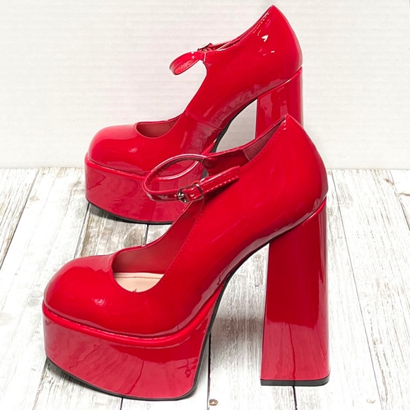 New Red Patent Mary Jane Platform Chunky Heel Pumps - Picture 5 of 5